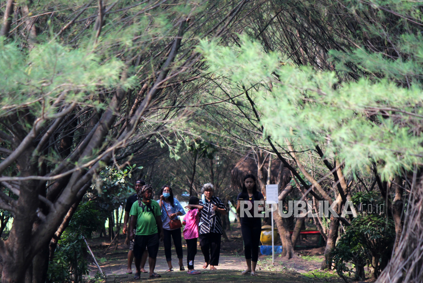 Pengunjung menikmati suasana Taman Hutan Raya (Tahura) Pakal, Surabaya, Jawa Timur. Wali Kota Surabaya menginginkan penataan taman kota tetap asri dan indah.