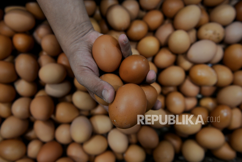 Pedagang melayani pembeli di pasar tradisional Pasar Minggu, Jakarta Selatan, Senin (4/3/2024). Telur memiliki kandungan asam amino yang lengkap sama seperti sumber protein hewani lainnya.