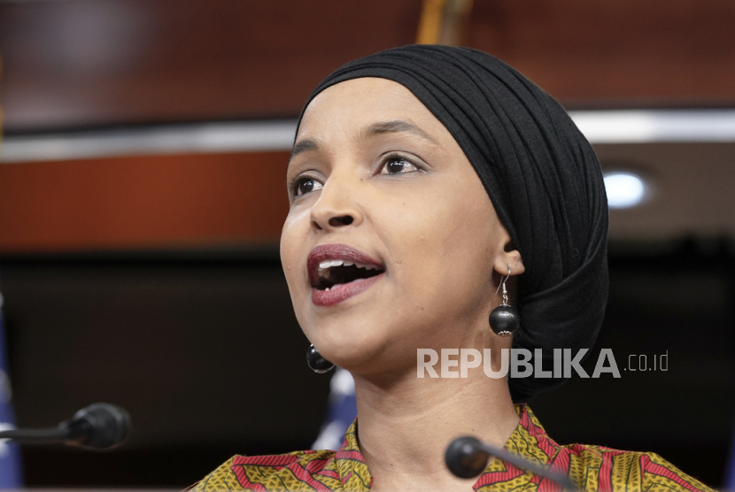 Rep. Ilhan Omar, D-Minn., speaks about the threat of default during a news conference, Wednesday, May 24, 2023, on Capitol Hill in Washington.  