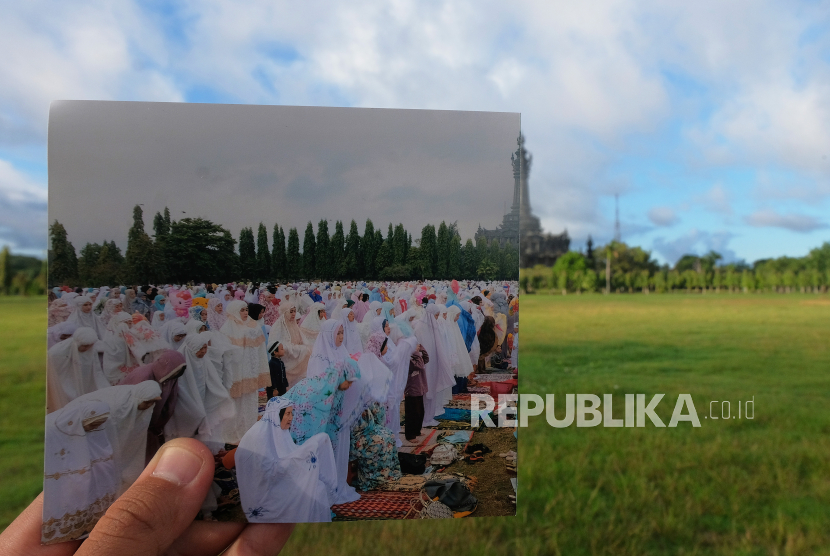 Perbandingan suasana Idul Fitri tahun 2019 dengan tahun 2020 yang sepi aktivitas di Lapangan Puputan Margarana, Renon, Denpasar, Bali, Minggu (24/5/2020). Shalat Idul Fitri 1441 H di ruang publik di Bali untuk tahun ini ditiadakan dan umat Islam melakukannya di rumah masing-masing dalam upaya memutus rantai penyebaran COVID-19