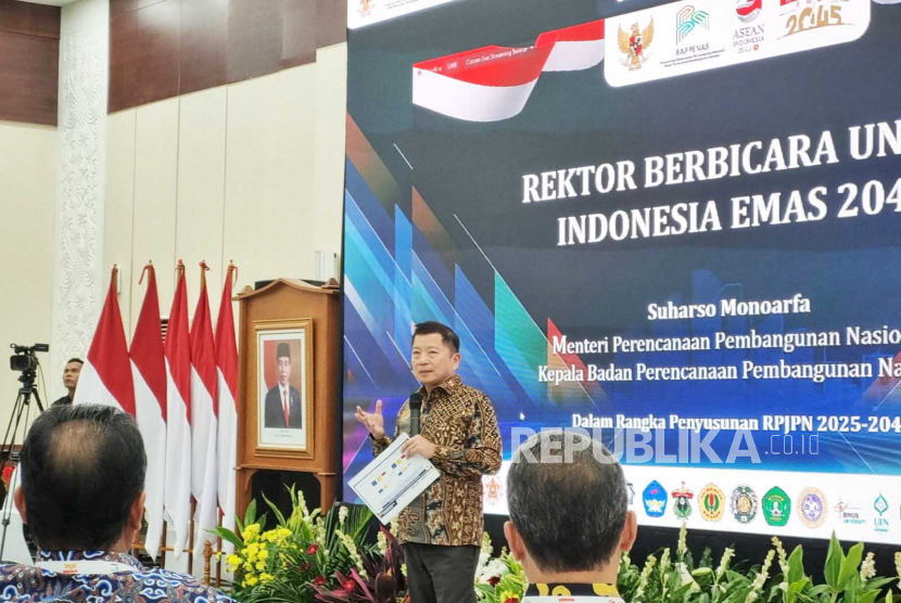 Menteri PPN/Kepala Bappenas Suharso Monoarfa dalam acara Rektor Berbicara Untuk Indonesia Emas 2045 di Gedung Bappenas Jakarta, Selasa (6/6/2023) sore.