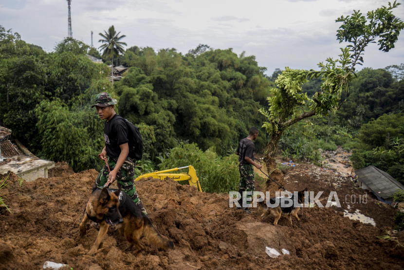 Anggota TNI mengerahkan anjing pelacak untuk mencari korban yang tertimbun longsor di kawasan Cijendil, Kecamatan Cugenang, Cianjur, Jawa Barat (ilustrasi) 