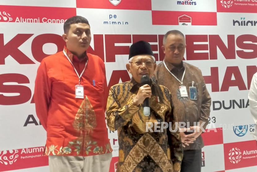 Wakil Presiden KH Maruf Amin saat hadir di acara Sarasehan Alumni Connect Perhimpunan Pelajar Indonesia (PPI) dunia di Menara BNI, Jakarta, Jumat (26/5/2023). 