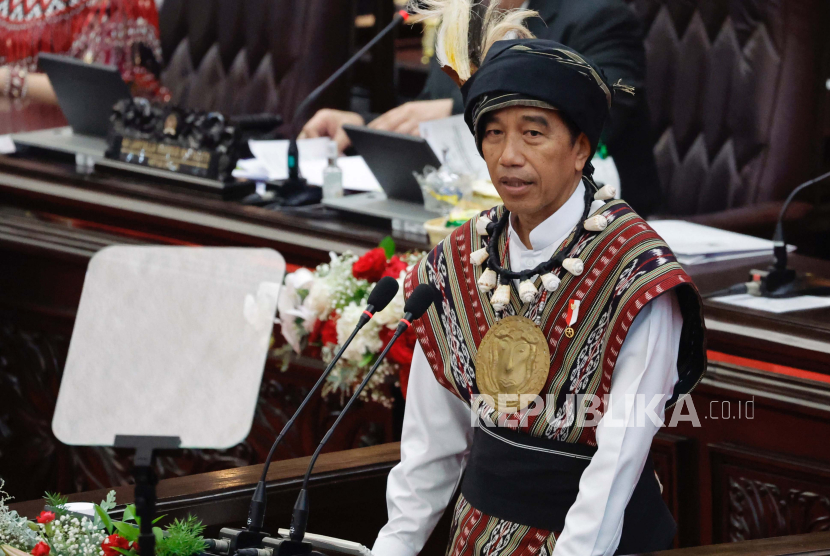 Indonesian President Joko Widodo, wearing traditional attire from Tanimbar Islands of Maluku province, delivers his State of the Nation Address ahead of the country