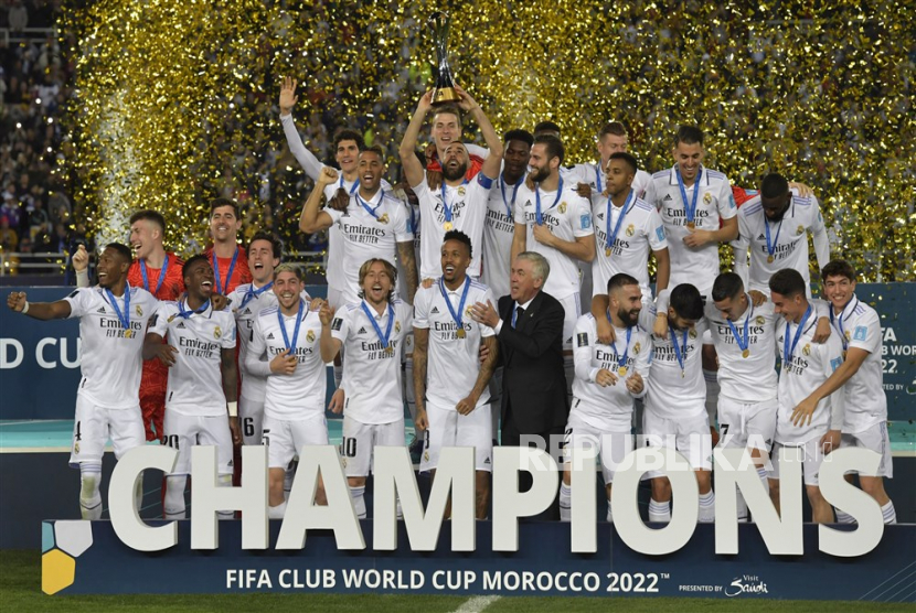Para pemain Real Madrid merayakan kemenangan dalam final Piala Dunia Antarklub FIFA 2022 (ilustrasi). Arab Saudi akan menjadi tuan rumah Piala Dunia Antarklub 2023, akhir tahun ini.