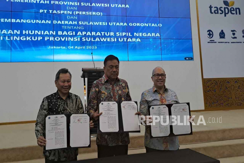 Pemerintah Sulawesi Utara, PT Taspen (Persero) dan PT Bank Pembangunan Daerah Sulawesi Utara Gorontalo, melakukan Penandatanganan Kesepakatan Bersama Program Hunian ASN di Jakarta, Selasa (4/4/2023).