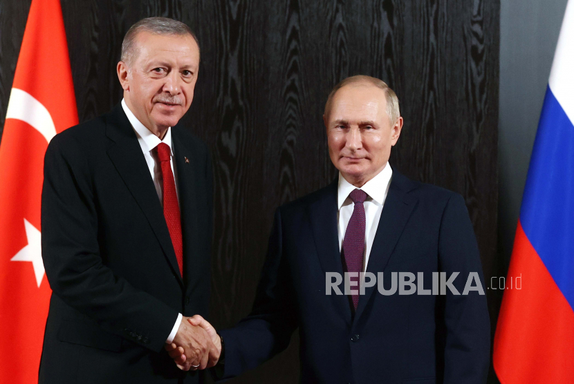  Presiden Rusia Vladimir Putin, kanan, dan Presiden Turki Recep Tayyip Erdogan berjabat tangan. ilustrasi