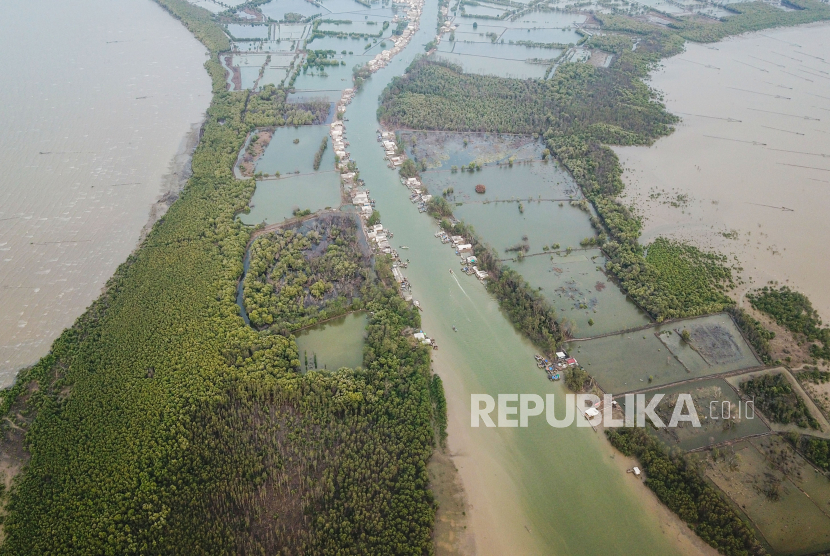 Foto udara sejumlah tambak yang ada di kawasan Mangrove Muaragembong, Kabupaten Bekasi, Jawa Barat.