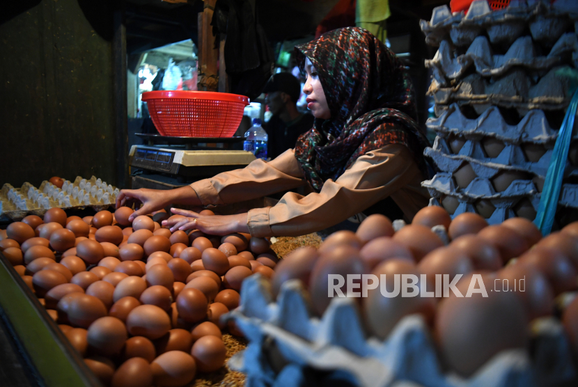 Pedagang telur menata telur ayam di salah satu kios di Jakarta, Kamis (2/6/2022). Peternak ayam petelur atau layer menjelaskan, kenaikan harga telur ayam memang murni diakibatkan biaya produksi yang mengalami kenaikan selama pandemi Covid-19.