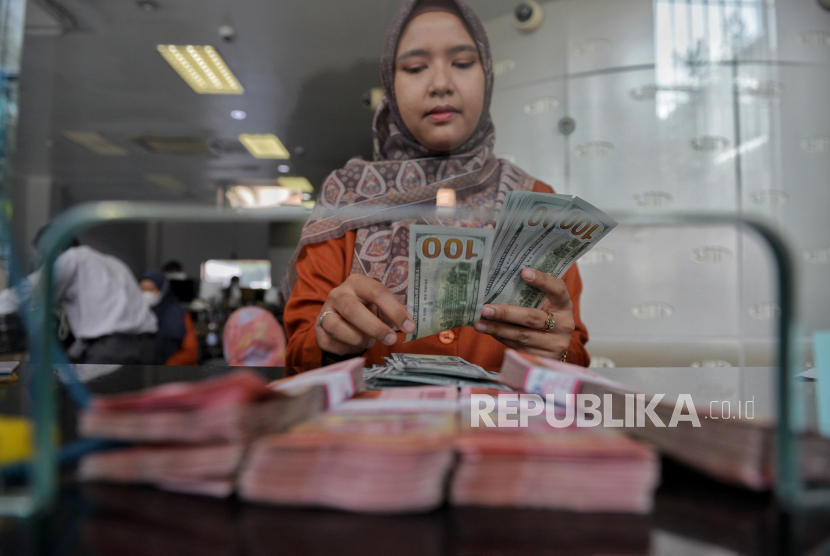 Petugas menghitung uang dolar AS di tempat penukaran valuta asing PT Valuta Inti Prima di Cikini, Jakarta, Selasa (21/11/2023). 