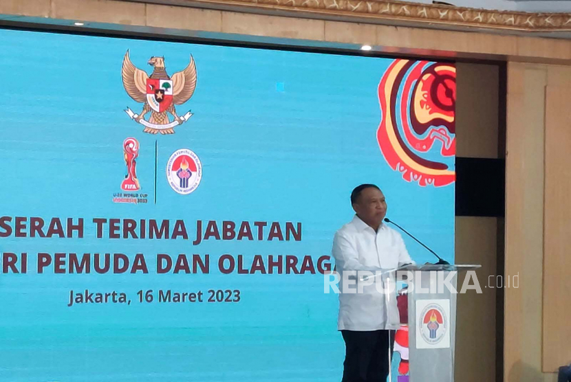 Zainudin Amali dalam sambutan serah terima jabatan Menpora di Wisma Kemenpora, Jakarta, Kamis (16/3/2023). 