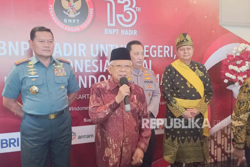 Wakil Presiden KH Maruf Amin saat menghadiri Puncak Peringatan Hari Ulang Tahun ke-13 BNPT di Djakarta Theatre, Jakarta, Jumat (28/7/2023). 
