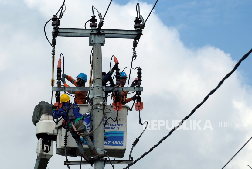 Petugas PLN Unit Pelaksana Pelayanan Pelanggan (UP3) Bali Selatan melakukan pemasangan perisai binatang atau alat pelindung saat pemeliharaan peralatan listrik tegangan tinggi di Desa Penarungan, Badung, Bali, Jumat (9/7). Kementerian ESDM mencatat realisasi rasio elektrifikasi di Indonesia pada kuartal tiga tahun ini mencapai 99,40 persen.