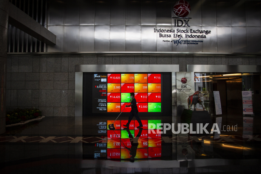 Karyawan berjalan di dekat layar pergerakan saham di gedung Bursa Efek Indonesia (BEI), Jakarta, Jumat (11/12).  IHSG Rabu (21/4) dibuka di zona merah dan terus teekoreksi hingga 0,50 persen ke level 6.008,05. 