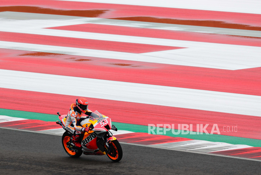 Pembalap MotoGP Spanyol Mark Marquez dari Honda Repsol Racing Team beraksi selama sesi latihan bebas. Finlandia telah menunggu empat dekade untuk menjadi tuan rumah MotoGP. Ilustrasi.