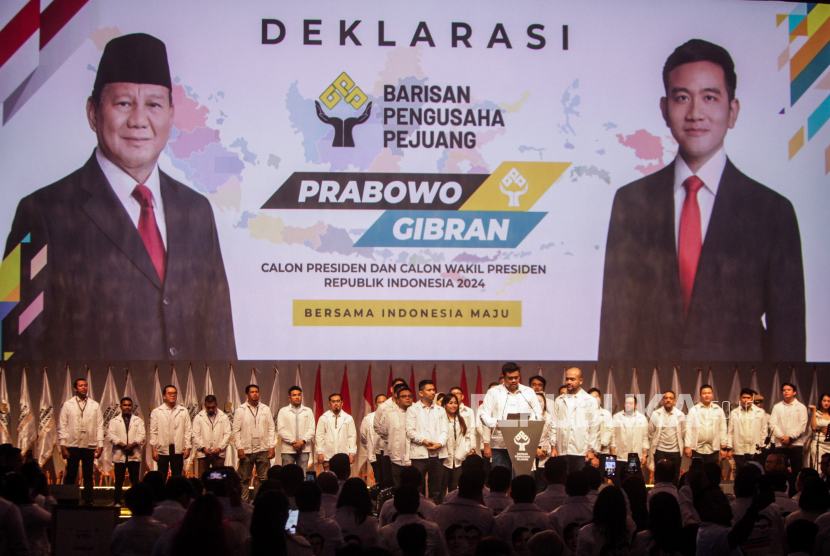 Pasangan Prabowo Subianto-Gibran Rakabuming Raka mendapat dukungan dari Relawan Barisan Pengusaha Pejuang yang dipimpin Bobby Nasution di Jakarta, Rabu (8/11/2023).