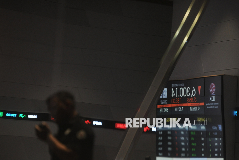 Pekerja melintas didekat layar digital pergerakan saham di Bursa Efek Indonesia, Jakarta, Jumat (28/2/2025).Pada penutupan perdagangan Indeks Harga Saham Gabungan (IHSG) ditutup di zona merah, turun 214,85 poin (3,31 persen) pada level 6.270,60.