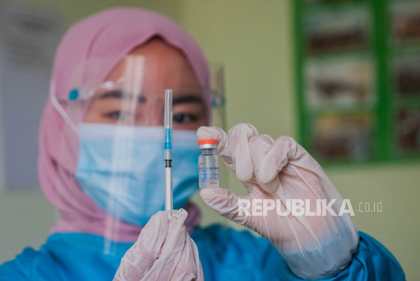 Petugas medis menunjukkan vaksin Covid-19 Sinovac di Puskesmas Kolelet, Kabupaten Lebak, Provinsi Banten, Rabu (27/1/2021).