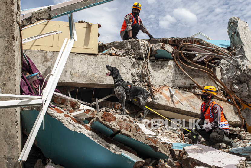 Anggota unit K9 dari Polri mencari korban di reruntuhan bangunan yang rusak akibat gempa 6,2 SR di Mamuju, Sulawesi Barat, Indonesia, 18 Januari 2021. Sedikitnya 84 orang tewas dan ratusan lainnya luka-luka setelah 6.2 gempa bumi melanda pulau Sulawesi pada tanggal 15 Januari.