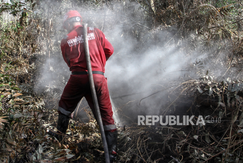 Petugas Manggala Agni Daops Pekanbaru menyemprotkan air ke arah lahan gambut yang terbakar ketika melakukan pemadaman di Pekanbaru, Riau, Senin (17/8/2020).
