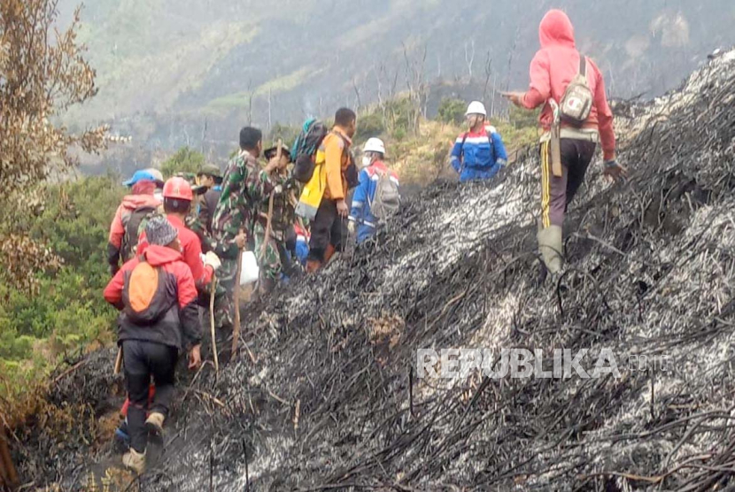 Petugas melakukan mop up atau memadamkan sisa bara di area terdampak kebakaran di kawasan Gunung Papandayan, Kabupaten Garut, Rabu (25/10/2023). 