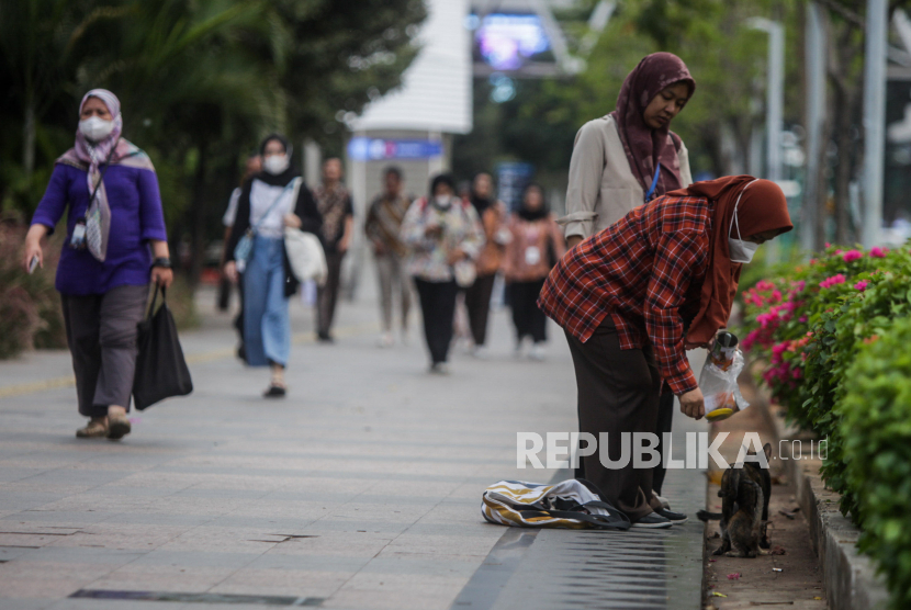 Pekerja memberi makan kucing liar di kawasan Sudirman, Jakarta, Selasa (21/11/2023).  Pemerintah Provinsi DKI Jakarta menaikan Upah Minimum Provinsi (UMP) DKI Jakarta menjadi Rp 5.067.381, dari sebelumnya Rp 4.901.798 atau naik sekitar Rp 165.583.