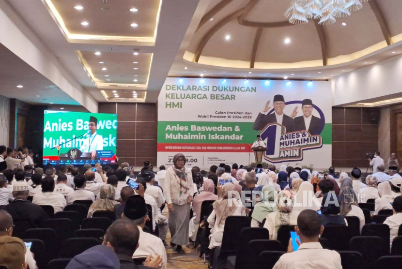 Acara deklarasi dukungan Keluarga Besar Himpunan Mahasiswa Islam (HMI) untuk paslon capres-cawapres nomor urut 1 Anies Baswedan-Muhaimin Iskandar di kawasan Jakarta Selatan, Rabu (27/12/2023).