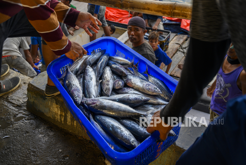 Sejumlah nelayan memindahkan ikan hasil tangkapannya dari kapal. Sejak terjadi pandemi Covid-19 harga jual ikan laut menurun drastis. Ilustrasi.