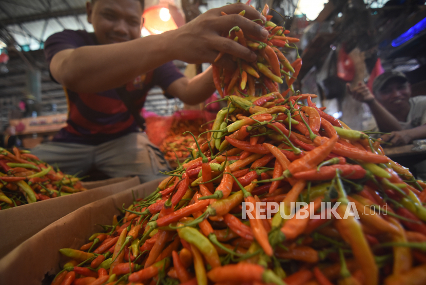 Pedagang menata cabai di Pasar Induk Kramat Jati, Jakarta Timur