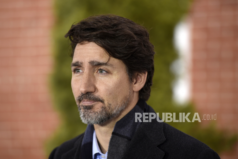 Perdana Menteri Kanada Justin Trudeau berbicara selama konferensi pers hariannya tentang pandemi virus corona