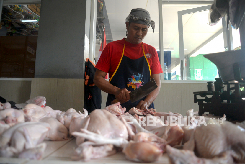 Penjual memotong daging ayam untuk pelanggan. (Ilustrasi)