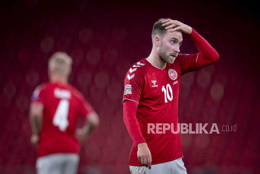  Christian Eriksen dari Denmark bereaksi setelah pertandingan sepak bola UEFA Nations League antara Denmark dan Inggris di Parken Stadium di Kopenhagen, Denmark, 8 September 2020.