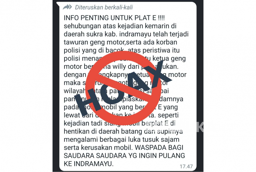 Polres Indramayu memastikan, pesan soal ancaman geng motor terhadap pengguna kendaraan pelat E yang akan melintasi Subang, merupakan pesan hoaks.