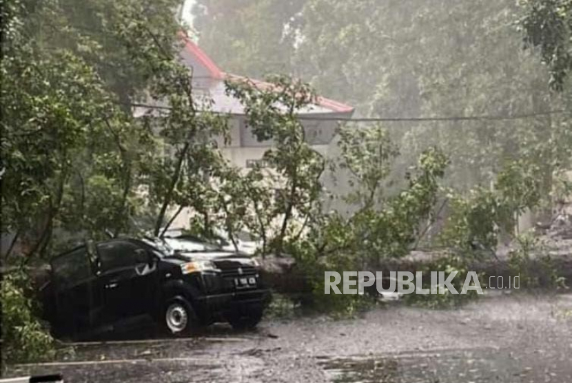 Pohon tumbang menimpa mobil di Kota Bandung, Jawa Barat, Rabu (26/4/2023) sore. 