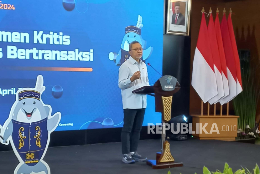 Menteri Perdagangan Zulkifli Hasan di Auditorium Kementerian Perdagangan, Jakarta Pusat, Rabu (24/4/2024). 