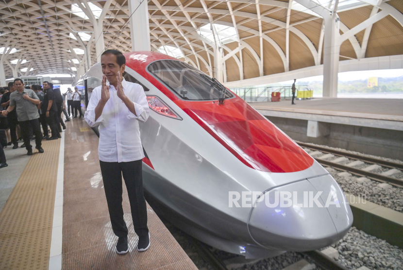 Indonesia’s President Joko Widodo stands next to the Jakarta-Bandung high-speed train during a test ride in Jakarta, Indonesia, 13 September 2023. Southeast Asia