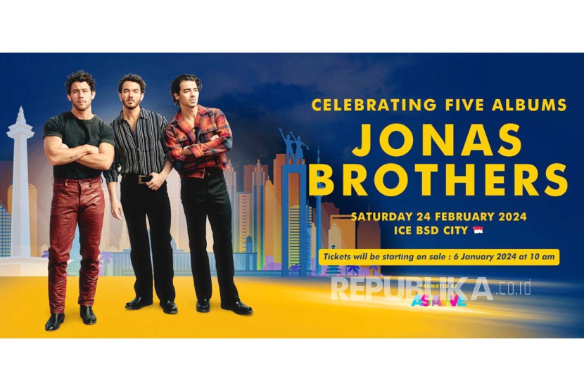 Poster ikon pop global Jonas Brothers menggelar konser di Indonesia pada 24 Februari 2024. 