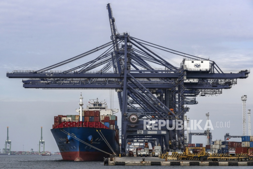 A cargo ship is docked at an export and import containers terminal operated by the state-owned company Pelindo, at Tanjung Priok port in Jakarta, Indonesia, 20 July 2023.