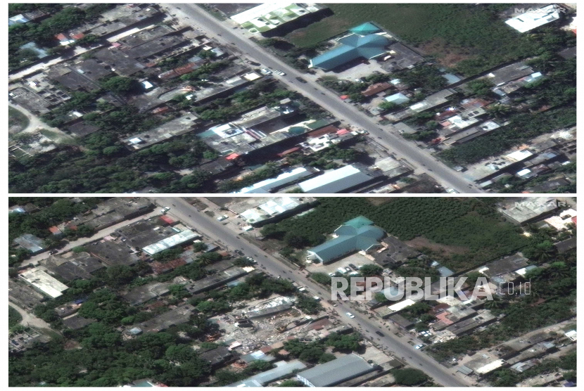  Citra satelit yang disediakan oleh Maxar Technologies ini menunjukkan hotel Le Manguier di Les Cayes, Haiti pada 24 Januari 2020 di bagian atas, dan pada Ahad (15/8/2021). bagian bawah, setelah runtuh akibat gempa berkekuatan 7,2 SR pada Sabtu.