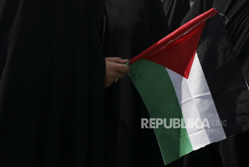 Seorang memegang bendera Palestina 