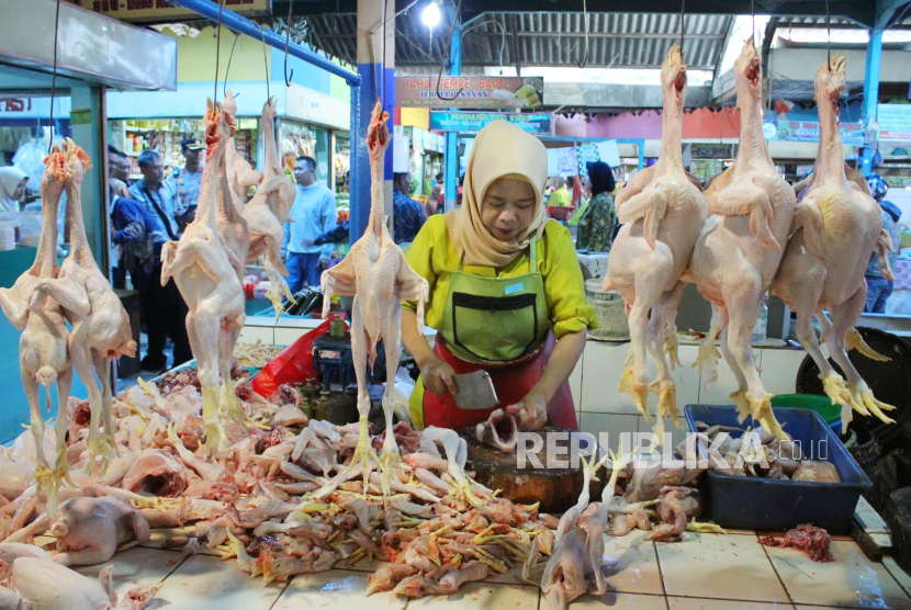 Pedagang memotong-motong daging ayam untuk pelanggan, di Pasar Cihapit, Kota Bandung, Rabu (12/7/2023). Hingga saat ini harga daging ayam di Kota Bandung masih belum menyentuh kondisi normal, Rp 48 ribu dari Rp39 ribu per kilogram. Kondisi tersebut disebabkan menipisnya stok daging ayam dan masih tingginya harga pakan.