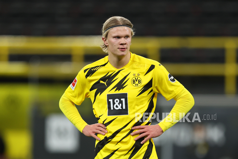  Erling Haaland dari Borussia Dortmund bereaksi selama pertandingan sepak bola Bundesliga Jerman antara Borussia Dortmund dan Hertha BSC di Signal Iduna Park di Dortmund, Jerman, 13 Maret 2021.