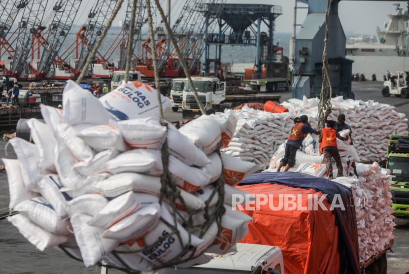 Pekerja saat bongkar muat beras impor di Pelabuhan Tanjung Priok, Jakarta, Kamis (12/10/2023). Perum Bulog mengimpor sebanyak 24.000 ton beras yang merupakan bagian dari penugasan impor 2 juta ton beras pada tahun 2023 untuk memperkuat Cadangan Beras Pemerintah (CBP).
