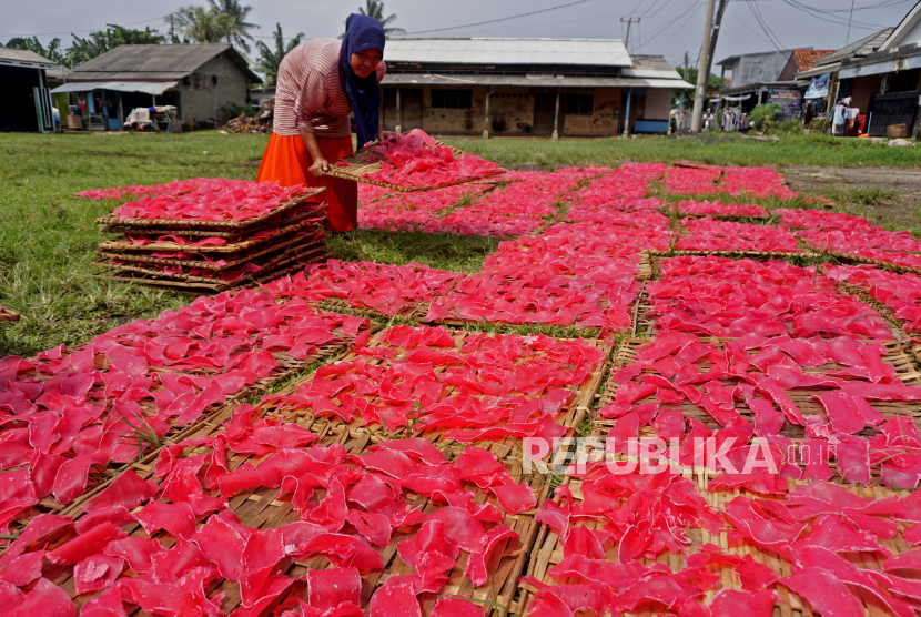 Pekerja mengangkat kerupuk merah usai dijemur di sentra UMKM kerupuk Karadenan, Bogor, Jawa Barat, Rabu (29/12). fungsi intermediasi perbankan pada November 2021 tumbuh