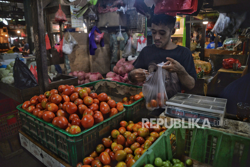 Pedagang menanta buah tomat yang dijual di Pasar Senen, Jakarta, 