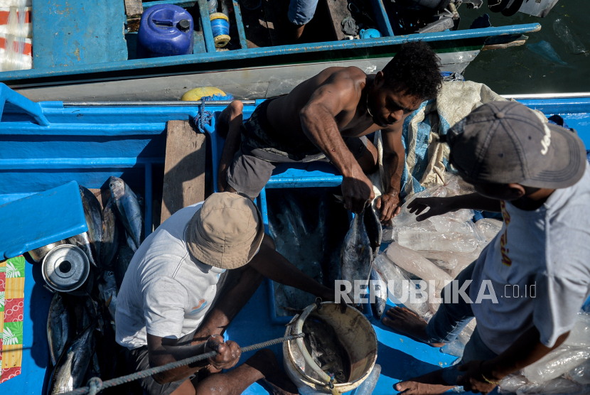 Nelayan mendaratkan ikan hasil tangkapan di Pangkalan Pendaratan Ikan Hamadi, Kota Jayapura, Papua, Ahad (13/5). Pemerintah Provinsi Papua mengimbau agar para nelayan wajib laporkan hasil tangkapan di Pangkalan Pendaratan Ikan (PPI) terdekat sehingga bisa didata oleh petugas.