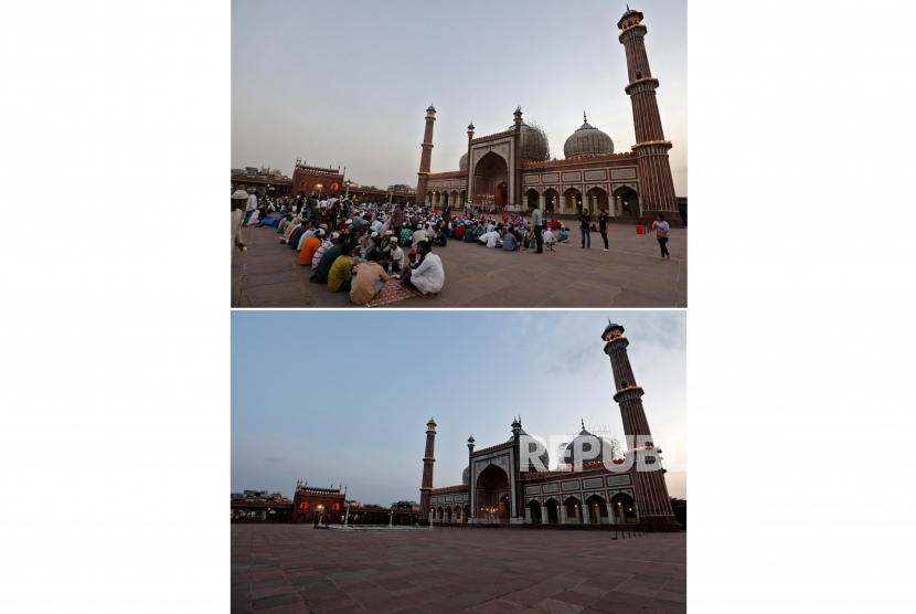  India Periksa Reruntuhan Masjid Tua yang Tersambar Petir. Foto ilustrasi: Foto kolase yang membandingkan pemandangan masjid Jama Masjid di kawasan tua Delhi, India, Sabtu (25/4), saat waktu berbuka puasa hari pertama Ramadhan tahun 2020 dengan tahun 2019. Pengurus masjid meniadakan buka puasa bersama pada tahun ini untuk mencegah penyebaran virus Covid-19