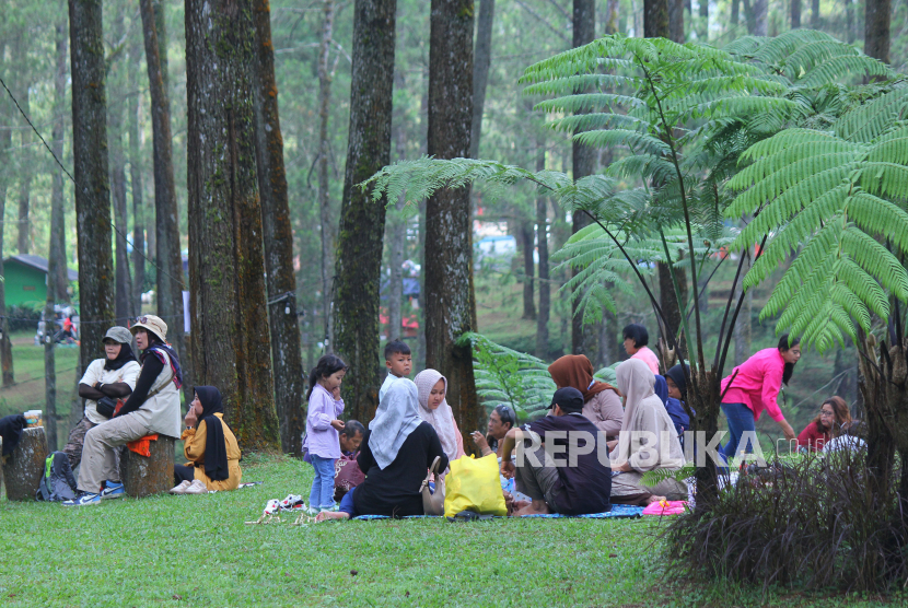 Pengunjung menikmati suasana di kawasan hutan pinus Cikole Jalan Tangkuban Parahu, Kecamatan Lembang, Kabupaten Bandung, Jawa Barat, Senin (25/4/2023).  Aktivitas di sektor pariwisata domestik mulai menggeliat. Hal tersebut ditandai dengan jumlah perjalanan wisatawan nusantara (wisnus) yang tumbuh sebesar 19,82 persen sepanjang 2022 atau tercatat sebanyak 734,86 juta perjalanan.