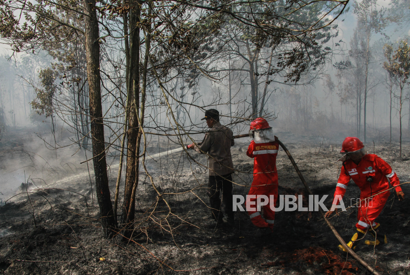 Anggota Polri dan petugas Manggala Agni berupaya memadamkan kebakaran lahan gambut di Kelurahan Kalampangan, Palangka Raya, Kalimantan Tengah, Ahad (4/8/2024). 