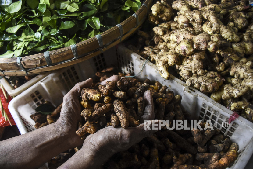 Pedagang menunjukkan rempah-rempah dagangannya di Pasar Ciroyom, Kota Bandung, Senin (16/3).